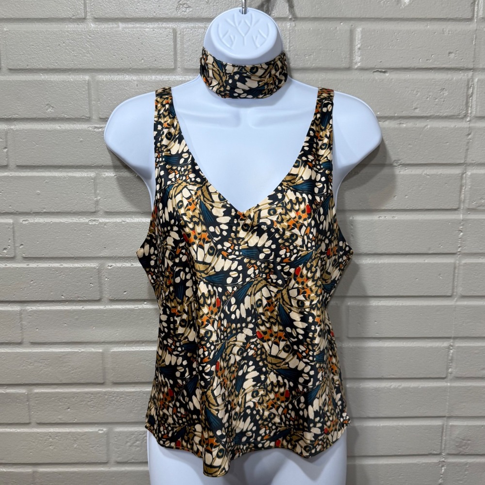 Wildfang The Empower Satin Cami Butterfly Print V-Neck Top Choker Monarch NWT S